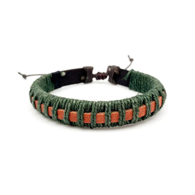 Men's Aadi Tan Leather Green Cord Wrapped Pull Tie Bracelet