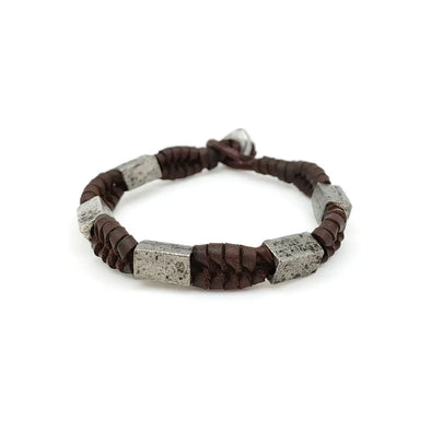 Men's Aadi Brown Braided Leather with Metal Beads Bracelet