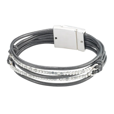 Two Strand Square Beads and Leather Bracelet in Silver