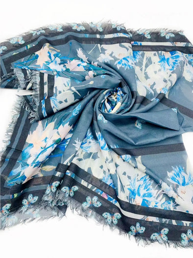 Teal Butterfly Floral Scarf