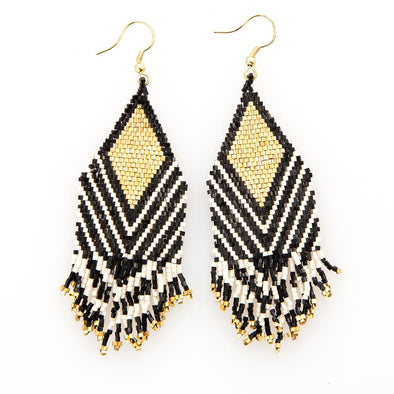 Black with Ivory Stripe Luxe Earrings with Fringe