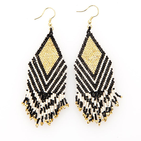 Black with Ivory Stripe Luxe Earrings with Fringe