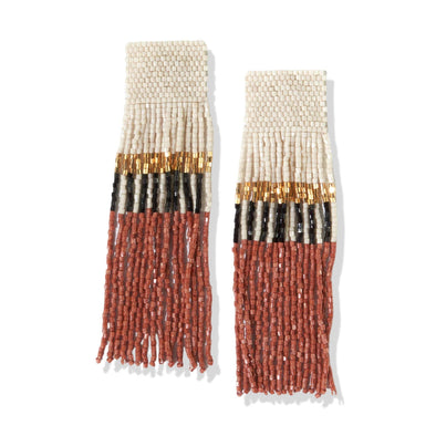 Belle Color Block with Stripes Beaded Fringe Earrings in Rust