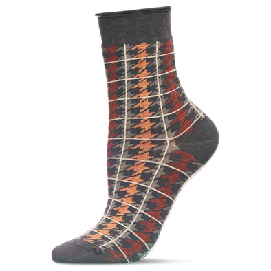 Houndstooth Plaid Roll Top Socks in Charcoal Heather