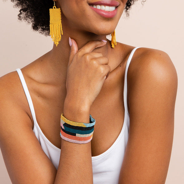 Pink Peacock Yellow Horizontal Stripe Stretch Bracelet