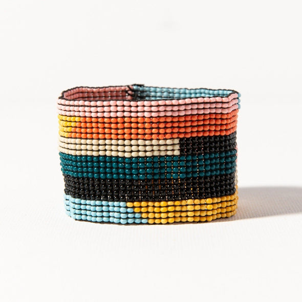 Pink Peacock Yellow Horizontal Stripe Stretch Bracelet