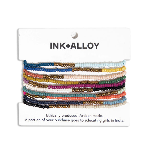 Sage Color Block Beaded 10 Strand Stretch Bracelets Gold Block
