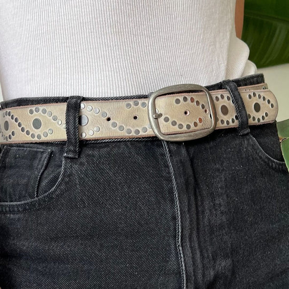 Irena Studded Leather Belt with Antique Silver Studs in Creme