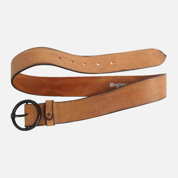 Pip Vintage Round Buckle Leather Belt in Cognac