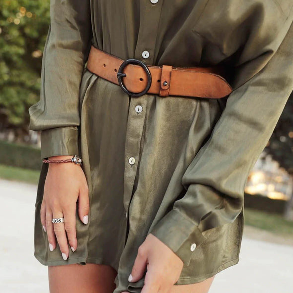 Pip Vintage Round Buckle Leather Belt in Cognac