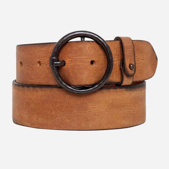 Pip Vintage Round Buckle Leather Belt in Cognac
