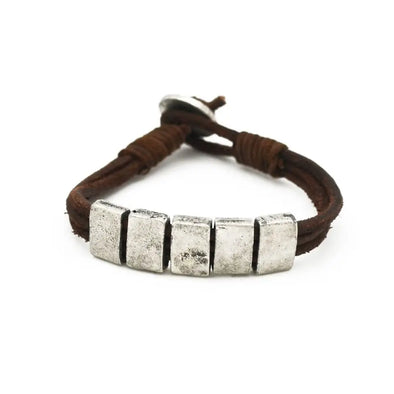 Men's Aadi Five Silver Rectangles and Brown Leather Bracelet